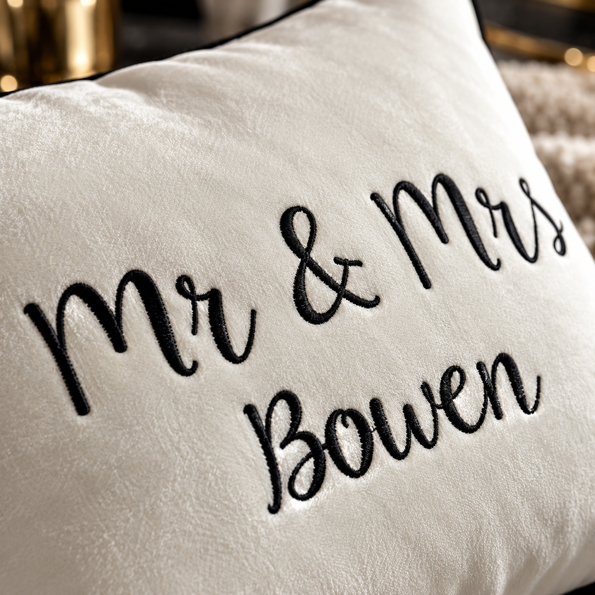 Mr & Mrs bespoke Luxury Cushion close 