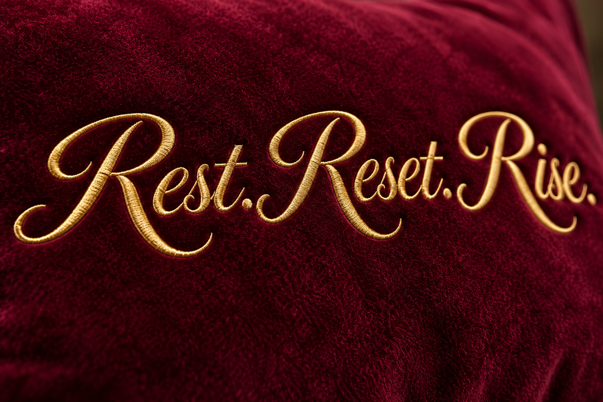 Rest. Reset. Rise. Signature Mini Velvet Cushion close