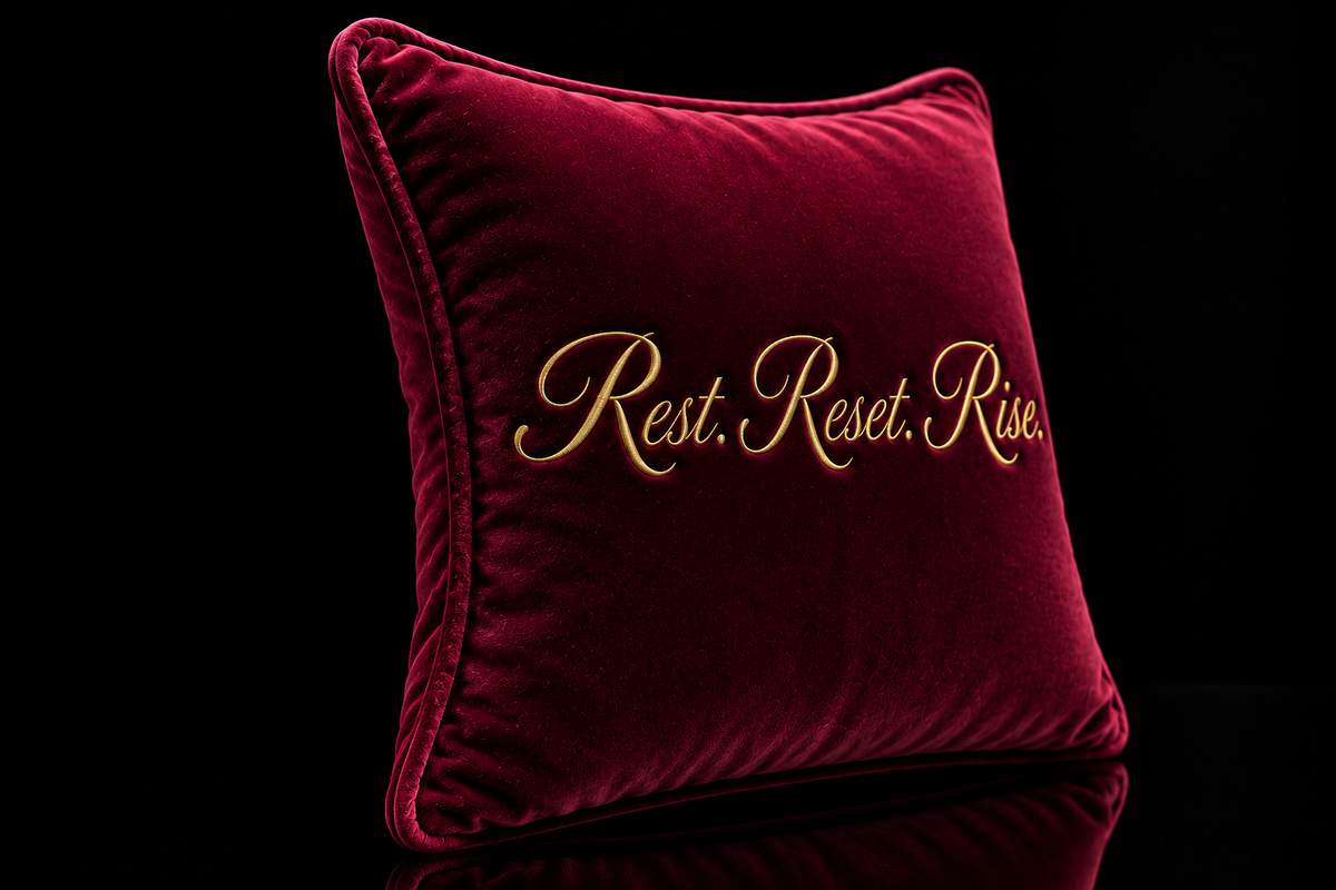 Rest. Reset. Rise. Signature Mini Velvet Cushion side