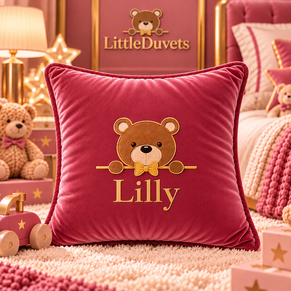 A personalized square throw pillow in deep pink velvet with an embroidered brown teddy bear and the name 'Lilly' in gold, displayed in a cozy, child's bedroom setting with the brand name 'LittleDuvets' visible in the background.