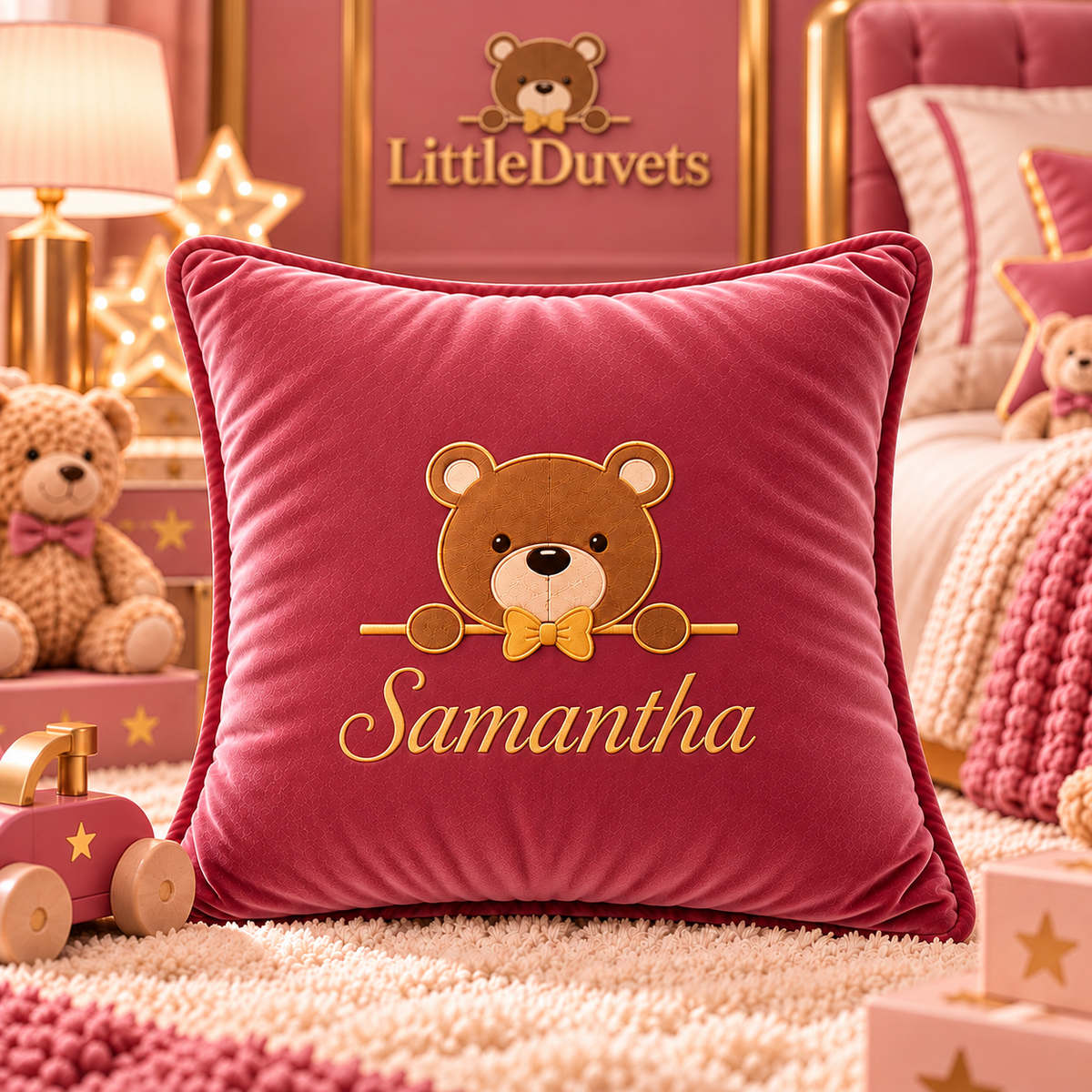 A personalized pink velvet throw pillow with an embroidered brown teddy bear and the name 'Samantha' in gold, displayed in a cozy, pink-themed children's bedroom setting.