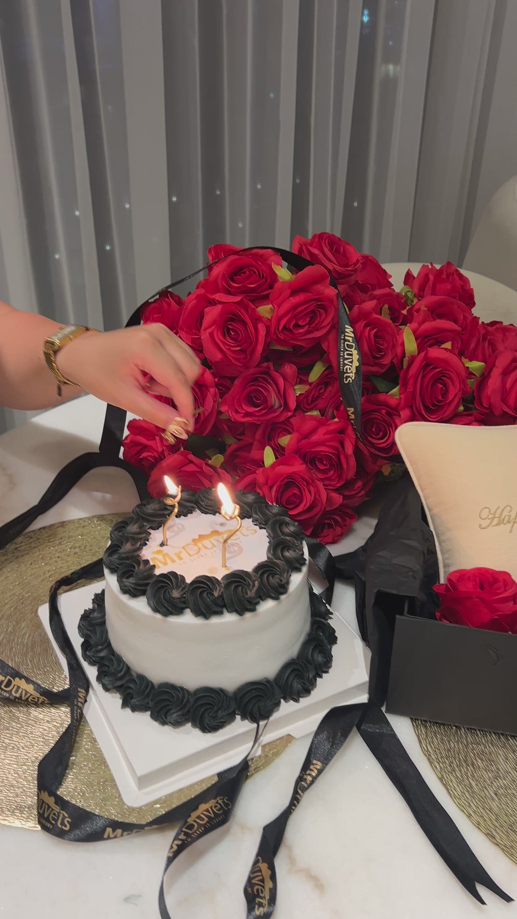 MrDuvets Birthday cake & cushion experience box video
